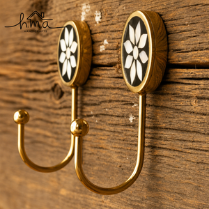 Solid Brass Double Wall Hook with Black White Floral Mother of Pearl Inlay Decorative Heavy Duty <b>Coat</b> Towel <b>Robe</b> Hat Key Holder - Product Image 1