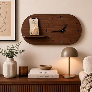 Horloge murale en bois à quartz analogique moderne avec étagère pour téléphone, design ovale minimaliste à suspendre pour la décoration du salon et de la chambre - Product Image 5