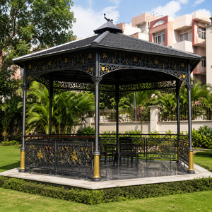 Gazebo Metálico Negro Dorado para Exteriores, Pabellón Ornamentado para Jardín con Barandilla Decorativa y Techo para Patio y Césped - Product Image 3