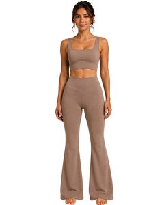 Manufacturer Customized Taupe Brown Womens Seamless Yoga Set <b>Flare</b> <b>Leggings</b> And Sports Bra Gym Workout Activewear Fitness Outfit - Product Image 1