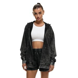 Autumn <b>Woman</b> Tracksuit Set 100% Cotton Customization Hoodie Oversize Acid Wash Sweatshirt <b>Short</b> Two Pieces Set - Product Image 1