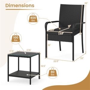 Set da bistrot da esterno in ferro nero con tavolino laterale in vetro temperato a 2 livelli e sedie - Product Image 4