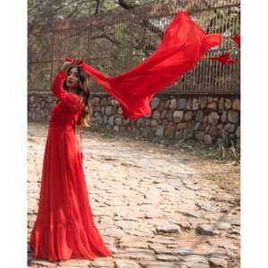 Ensemble Anarkali en Chiffon Rouge Royal à Manches Longues avec Ornements en Paillettes Taille XS - Product Image 1