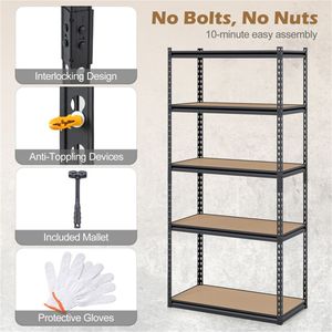 Scaffalatura per Garage a 5 Ripiani, Nera, Resistente, 183 cm H x 91 cm L x 46 cm P, Capacità di Carico 998 kg, Senza Bulloni - Product Image 5