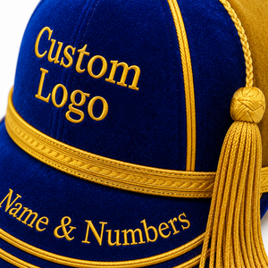 Honours Custom Embroidered Embossed Velvet Cap <b>Navy</b> Blue Gold Trim Tassel Team Name Unisex Adjustable Sporty Four Seasons All - Product Image 3
