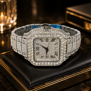 Montre MB ETERNAL JEWELS avec diamants, boîtier carré, bracelet en acier inoxydable, chiffres romains, mouvement à quartz analogique, montre de luxe pour homme - Product Image 2