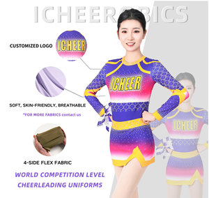 Uniforme de cheerleading pour adultes à manches longues en spandex/polyester, impression par sublimation, strass, dégradé violet rose jaune, haut - Product Image 5