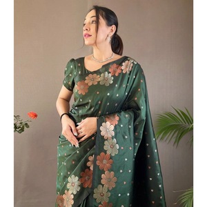 ÚLTIMO MODELO DE SAREE BANARASI DE SEDA SUAVE CON TRABAJO ZARI Y BLUSA SIN COSTURAR, COLOR VERDE 69879 - Product Image 6