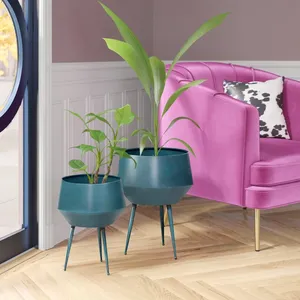 Ensemble de pots à fleurs modernes en métal, couleur turquoise, jardinières d'intérieur au design minimaliste, hauteur 18,5 et 15,5 pouces, finition thermolaquée - Product Image 2