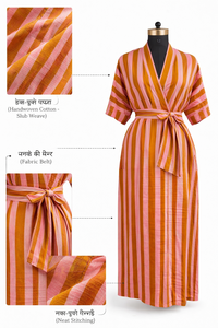 ชุดกิโมโนลายทาง คอวี มีสายรัด กระเป๋าข้าง แขนครึ่งแขน ผ้าฝ้ายพิมพ์ลายบล็อกด้วยมือ ชุดเดรสลำลองสำหรับผู้หญิง ผลงานชิ้นเอก - Product Image 3