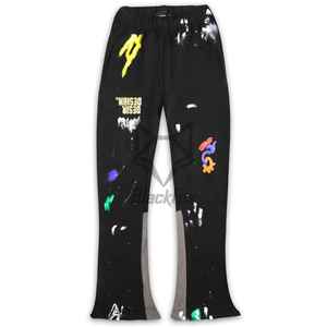 กางเกงวอร์มขายาวสีดำสำหรับผู้ชาย เอวยางยืด สไตล์สตรีท ทรงขาบาน พร้อมลายวาดมือแบบดิสเทรส - Product Image 1