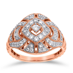 Bague de luxe en or rose avec diamants symétriques de style victorien, bague statement avec grappe de diamants pour femme, bijoux fins de créateur vintage - Product Image 1