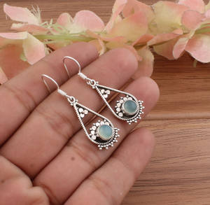 Boucles d'oreilles pendantes en calcédoine aqua naturelle, argent sterling 925, pierre précieuse bleue, femmes, véritable luxe, mariage, vente en gros - Product Image 2
