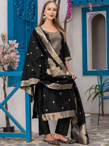 Black Silk Blend Gold Print Quick Dry <b>Kurta</b> Set Dupatta Traditional Indian <b>Women</b> Wedding Wear Knee-Length Regular Fit - Product Image 5
