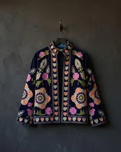 <b>Women</b> Navy <b>Velvet</b> Floral Embroidered Suzani <b>Jacket</b> Full Sleeve Stand Collar Handmade Bohemian Style Winter Coat - Product Image 5