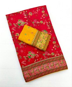 Sari en soie pashmina élégant avec broderie florale cachemire intégrale, chemisier contrastant, pallu de créateur, infroissable et extensible - Product Image 2