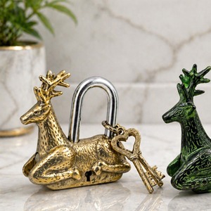 Gold Antique Brass <b>Padlock</b> with Deer Shaped Vintage Style Spiritual Safety Lock Decorative Collectible for Home Temple Gift Use - Product Image 4