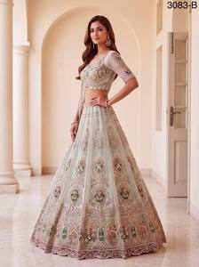 Mint Green Embroidered Lehenga Choli <b>Net</b> Dupatta Semi Stitched Wedding Party Outfit Women - Product Image 2