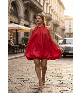 Trendy Women Solid <b>Balloon</b> Style Hot Red <b>Mini</b> Dress Cotton Summer Casual Short Dress Lightweight Breathable Party Wear Wholesale - Product Image 1