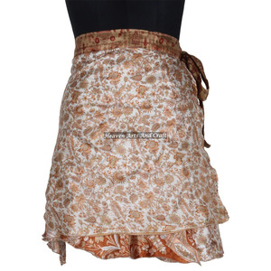 Minifalda Étnica Reversible de Dos Capas, Estilo Sari Indio Vintage, de Seda, para Mujer, Falda Corta Envolvente de Seda Vintage - Product Image 5