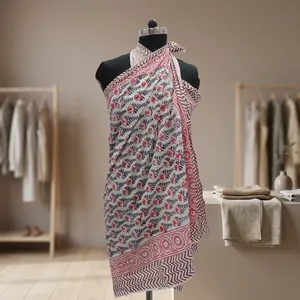 Hand Block Printed Cotton Fabric with <b>Red</b> Blue Leaf Motifs and Decorative Border for <b>Saree</b> Kurti Dressmaking Crafts - Product Image 6