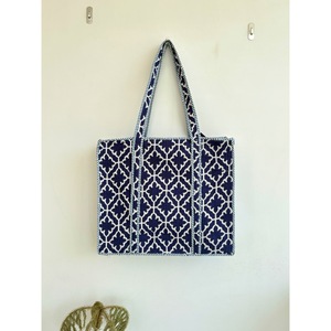 Canvas <b>Tote</b> <b>Bag</b> <b>Navy</b> Blue White Solid Bohemian Style Embroidery Zipper Closure Open Top Cotton Lining for Daily Travel Shopping - Product Image 1