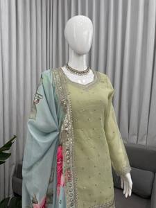 <b>Green</b> Embroidered Kurta Sharara Set With Floral Dupatta Ethnic Salwar Kameez for Wedding Party Women - Product Image 3