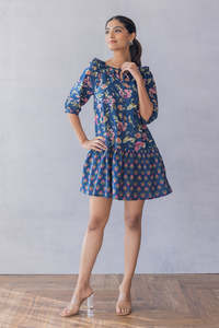 Vestido MIDI con Estampado Floral, Vestido Azul de Algodón con Mangas Abullonadas y Cuello con Volantes, Estilo Casual de Verano, Corte en A, Mini, Holgado - Product Image 2