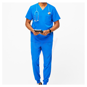 Ensemble de blouses médicales pour hommes en coton et polyester tricoté, pantalon et haut à col en V avec poche, prêt pour le stéthoscope - Product Image 1