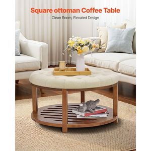 Tavolino da Caffè in Legno Massello da 31,9 Pollici con Poggiapiedi Imbottito in Lino, Grande Tavolino con Ripiano Portaoggetti - Product Image 2