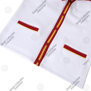 เสื้อคาร์ดิแกนถักอะคริลิคสีขาวลายกรีก พร้อมขอบสีแดงและสีเหลือง คอวี แขนยาว สไตล์ลำลอง สำหรับผู้ชายและผู้หญิง - Product Image 3