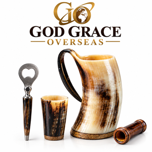 ชุดแก้วน้ำทำมือจากเขาควาย GOD GRACE OVERSEAS เป็นมิตรกับสิ่งแวดล้อม ขัดเงาอย่างเป็นธรรมชาติ สไตล์เรียบง่าย พร้อมที่เปิดขวดและถ้วย - Product Image 1