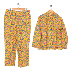 Conjunto de pijama de algodón estampado floral hecho a mano en India para mujer, ropa de dormir tejida, traje de descanso con cintura con cordón. - Product Image 4