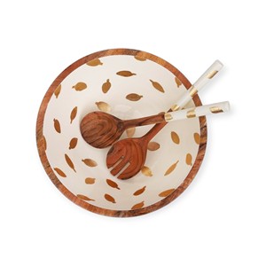 Ensaladera de Madera Hecha a Mano con Acabado de Esmalte Dorado y Cucharas de Servir a Juego para un Estilo Elegante en la Mesa - Product Image 1