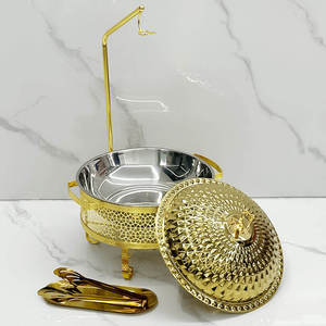 Luxury Stainless Steel Round Chafing Dish Buffet Food Warmer with Gold Finish <b>Stand</b> and Glass Lid for Wedding Catering - Product Image 3