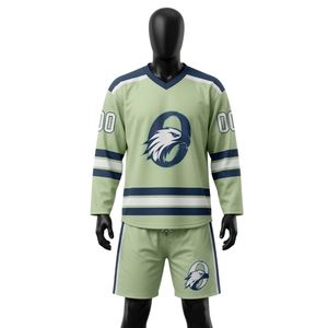 Men <b>Light</b> Green Sublimated Ice Hockey Jersey Shorts Set Polyester V <b>Neck</b> Printed Sports Uniform Team Wear Match Training Apparel - Product Image 1