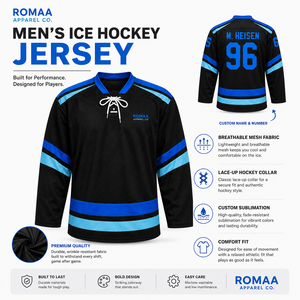 Camiseta de hockey sobre hielo para hombre, personalizada por sublimación, en negro, azul real y azul cielo, con cuello con cordones y número de nombre personalizado - Product Image 2