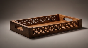 Tabla de servir rectangular artesanal de madera de mango, bandeja decorativa con patrón de celosía abierta y ranuras para colgar. - Product Image 2