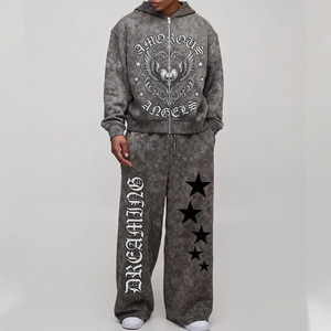 Amorous Angels Hooded Tracksuit Men Gray <b>Tie</b> <b>Dye</b> Print Streetwear Full Zip Sweatshirt Pants <b>Set</b> Loose Fit Autumn Wear - Product Image 1