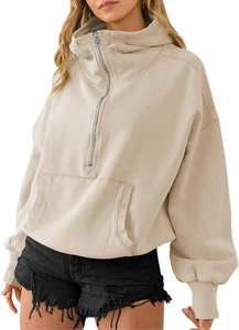 Women's <b>Black</b> Oversized Cropped <b>Hoodie</b> Long Sleeve Stand Collar <b>Zipper</b> Front Solid Color Breathable Knitted Sweatshirt Hoodies - Product Image 5