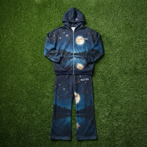 Men Navy <b>Galaxy</b> Print Zip <b>Hoodie</b> Wide Leg Pants Space Print Tracksuit Set Custom Streetwear - Product Image 5