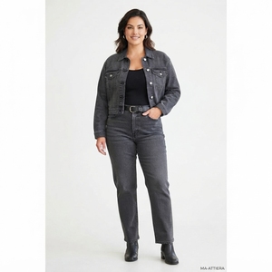 Women Charcoal Gray Denim <b>Jacket</b> And <b>Straight</b> Leg Jeans Set Casual Two Piece Matching Denim Outfit Streetwear Fashion - Product Image 1
