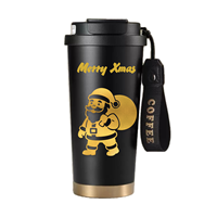 Mug isotherme en acier inoxydable 316 noir et or avec couvercle, double ouverture et sangle