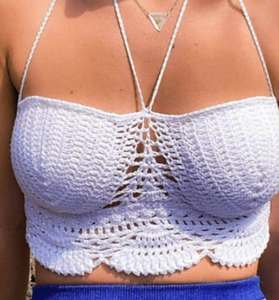 Novedad: Top de bikini de ganchillo hecho a mano con cuello halter, sujetador de encaje, top corto de playa transpirable con logo en la cintura, ideal para resorts. - Product Image 6