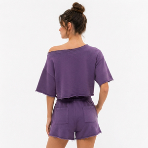 Cropped Off Shoulder Sweat <b>Shorts</b> <b>Set</b> French Terry Distressed Hem Sweat <b>Shorts</b> <b>Short</b> Sleeve Embroidered Crop <b>Top</b> Fleece Crop <b>Set</b> - Product Image 2