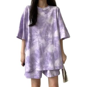 Mujeres 2 uds ropa deportiva diaria Top trajes camiseta conjunto de dos piezas pantalones cortos Tie-dye suelta longitud media Top Mini pantalones cortos trajes de talla grande - Product Image 1