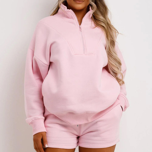 Women Plus Size <b>Pink</b> Quarter-Zip Sweatshirt Set Solid Color Casual Loose Fit Full Sleeve Shorts Cotton <b>Tracksuit</b> Spring Wear - Product Image 6