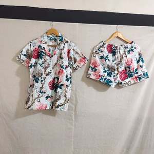 Conjunto de pijama de algodón con estampado floral, cintura elástica, corte holgado, manga tres cuartos, ropa de dormir informal para primavera - Product Image 2