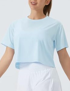 Sexy Women's Light <b>Blue</b> O-Neck Custom Logo Short Sleeve <b>Crop</b> <b>Top</b> Solid Color Gymwear Breathable Knitted Tank <b>Top</b> - Product Image 4