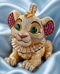 Pendentif Lion en Moissanite Dorée avec Charme Animal, Œil Vert et Oreille Rouge, Bijou Cadeau - Product Image 1